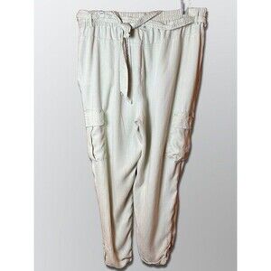 Chicos Pants Size 2 Tencel Tan Ivory Tie Waist Pocket Rolled Ankle